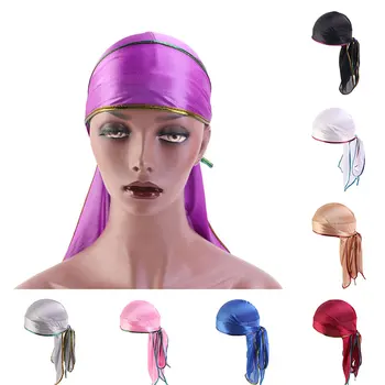 

Long Tail Silk hat Durags Turban Bandanas Headdress Satin Cap Edging Headscarf Laser Pirate Hat Bandage Cycling Hats Ribbons Red