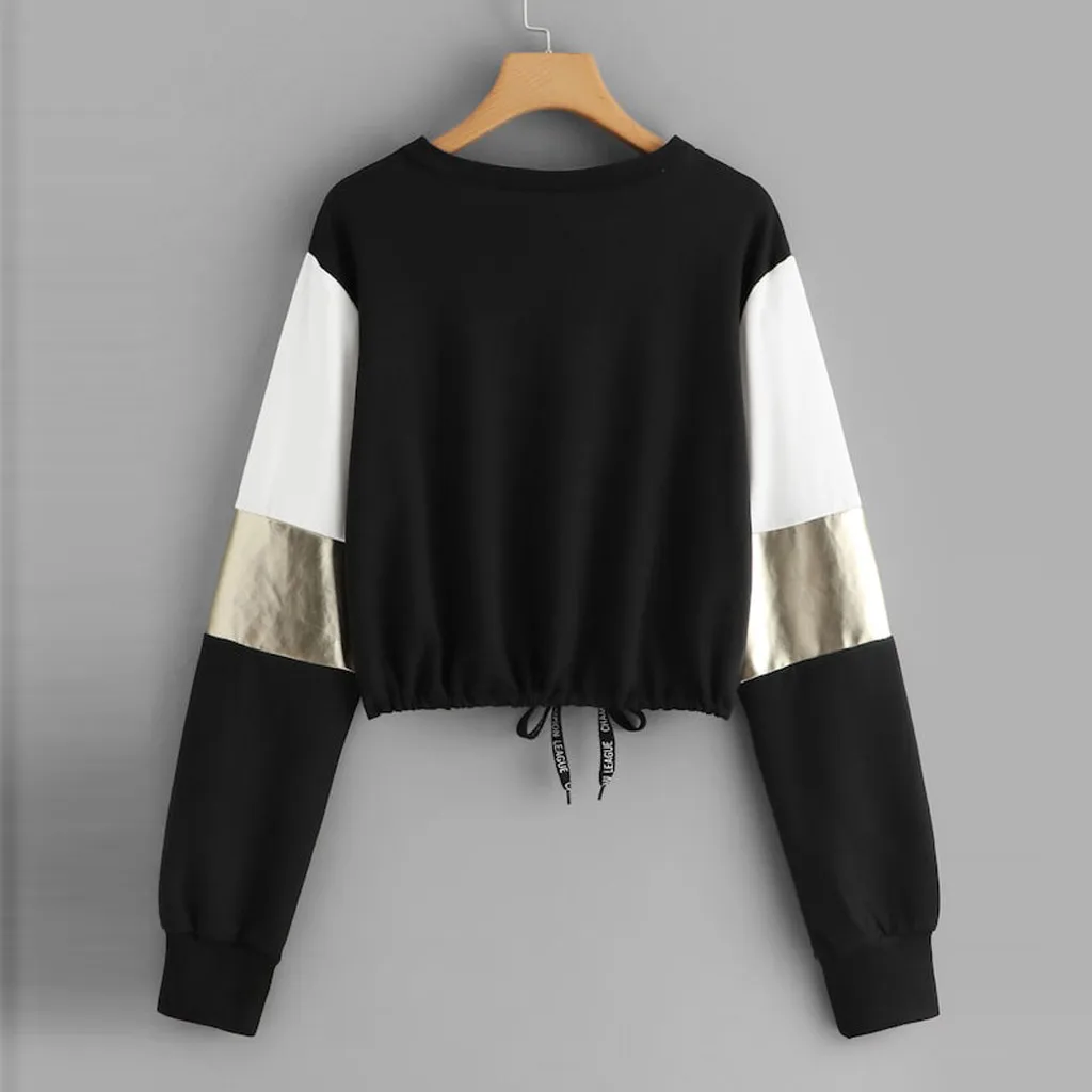 JAYCOSIN Fashion Women Casual O-Neck Sweatshirt Long Sleeve Bandage Patchwork Pocket Unique Elegant Comfortable Soft Chic Blouse