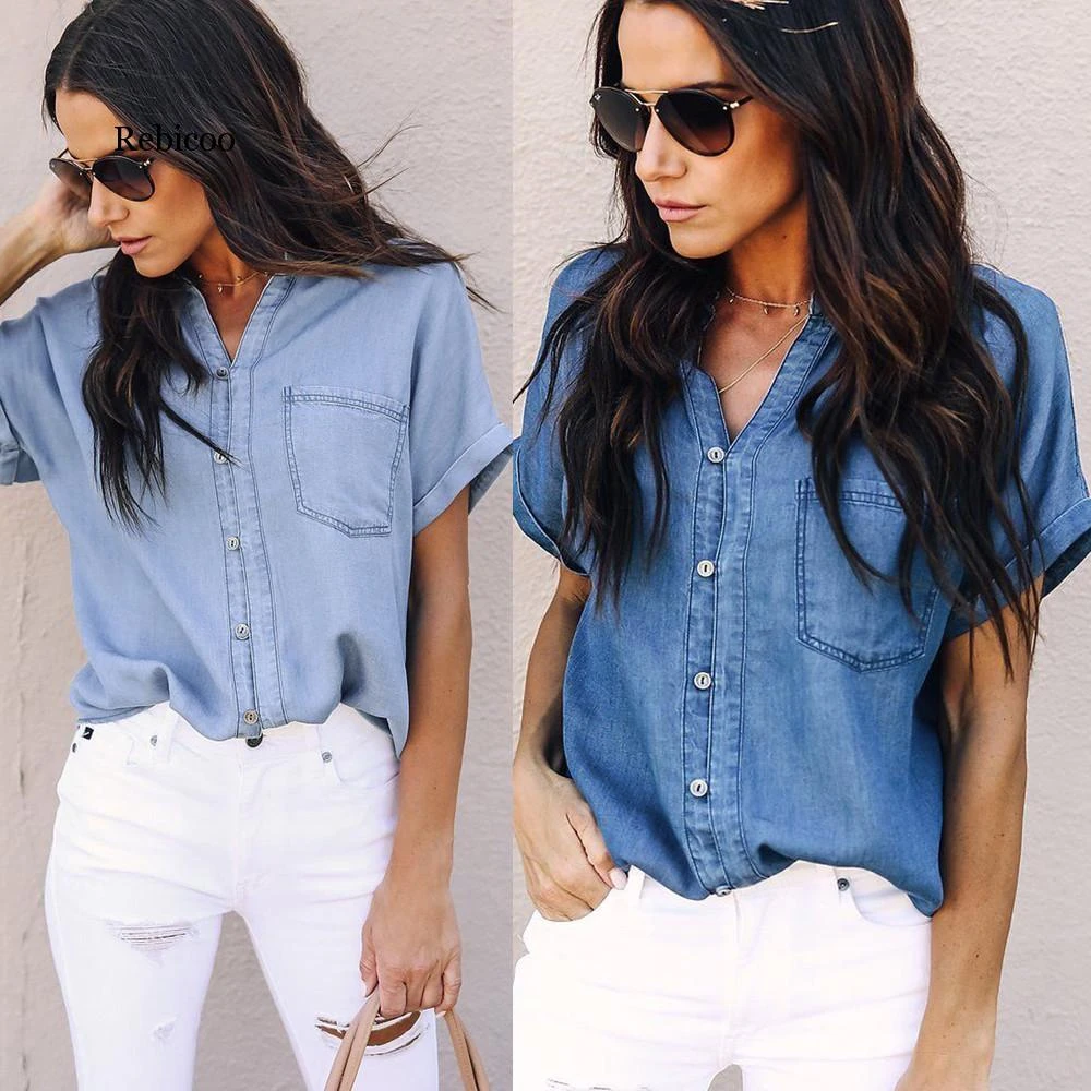 Camisa blusa de mujer, camisa de manga corta azul| Blusas y camisas| -