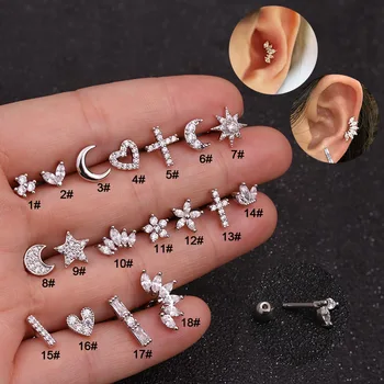

Floral Star Heart Cross Flower Crown Bar Cartilage Piercing Stud Helix Jewelry Tragus Conch Rook Earlobe Screw Back Earring