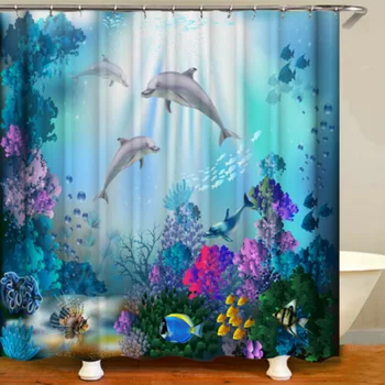 

Bathroom Shower Curtain Polyester Non-toxic Odorless Not Moldy Dolphin Prevent Water From Splashing Out