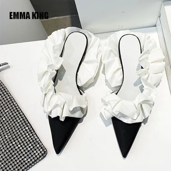 

2020 Summer Gladiator Sandals Women Sexy Ruffles Decor Point Toe High Heels Sandals Fashion Street Style Party Flat Sliper Woman