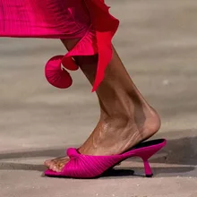 

Ladies Square Toe Slides Stiletto High Heels Pleated Slippers Summer Multi-Wear Sandals Outside Footwear Fashion Women Shoes