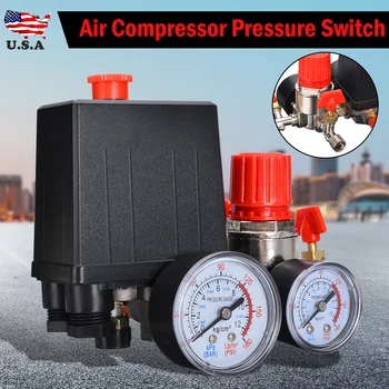

30-120PSI Air Compressor Pressure Valve Switch with Gauge Pressure Control Switch Regulator Air Compressor Fittings Motor Driven