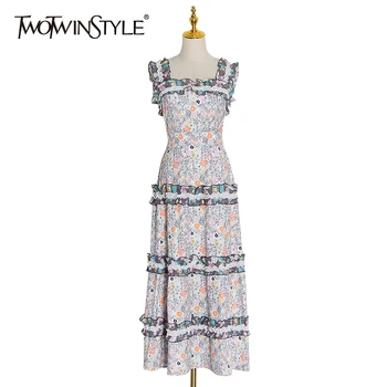 

TWOTWINSTYLE Print Patchwork Ruffle Dress Female Square Collar Sleeveless High Waist Hit Color Dresses Women Fashion Clothes New