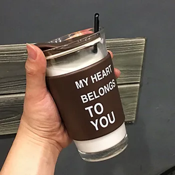 

Creative Korean version of trendy glass male and female students couple with lid spoon water bottle simple office milk coffee cu