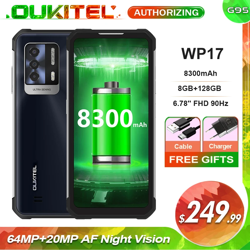 OUKITEL WP17 64MP+20MP AF Night Vision 6.78'' FHD 90Hz G95 IP68/69K Rugged Phone 8300mAh 8GB+128GB Global Bands Smartphone |