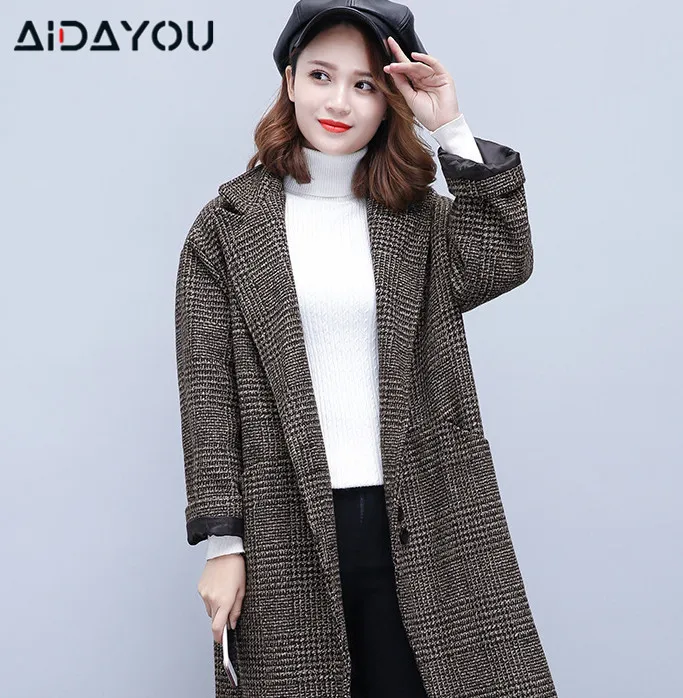 

Womens Wool Blend Coat Plaid Winter Button Pocket Oversize Long Trench Grid Check Coat Outerwear ouc602