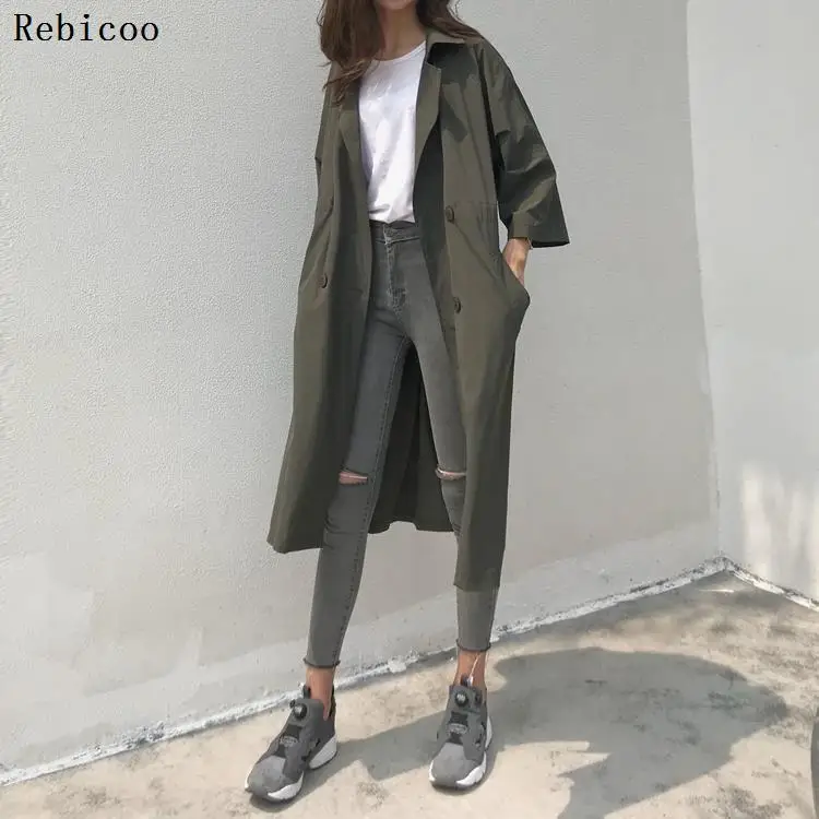 

Trench Women Solid Simple All-match Loose Leisure Long Three Quarter Sleeve Coats Womens Retro Korean Style Trendy Ladies Chic