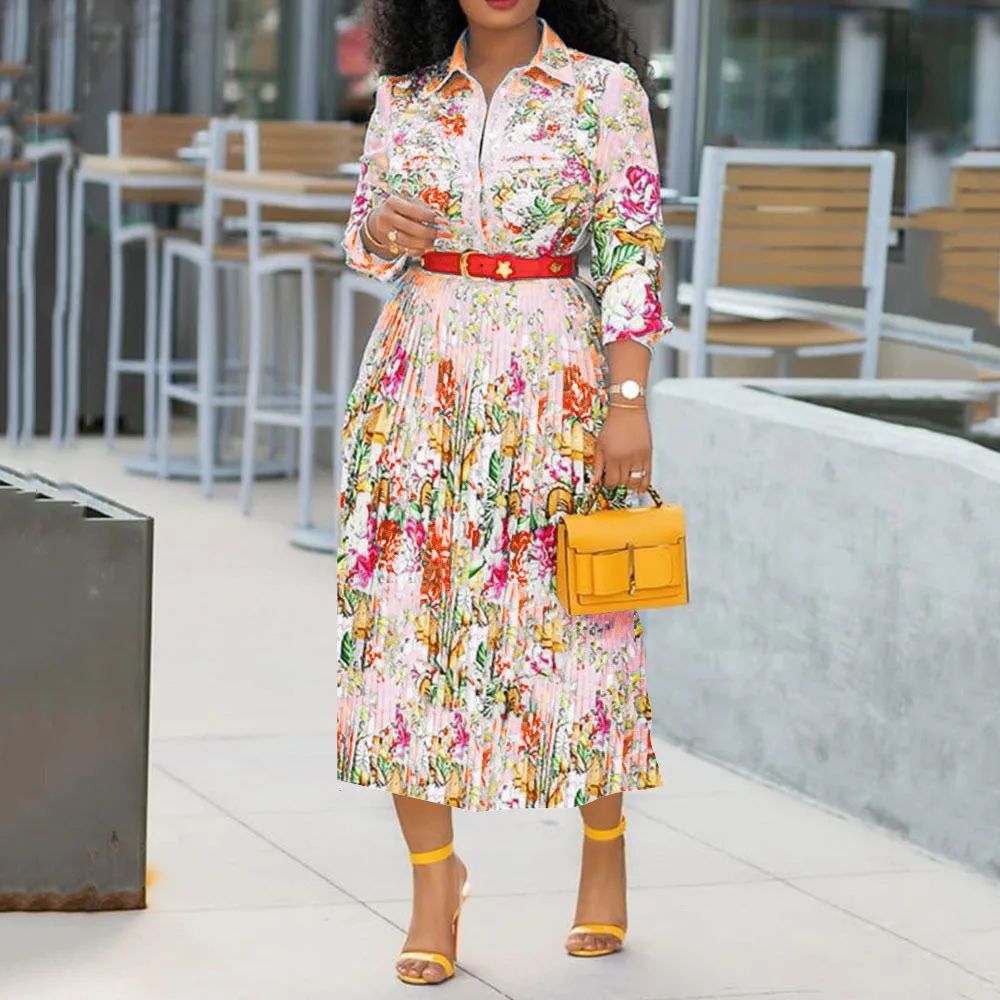 

African Women Dress Plus Size 3XL Flower Printed Turn-down Collar Single Breasted Pleated Mid Calf Three Quarter Sleeve Empire