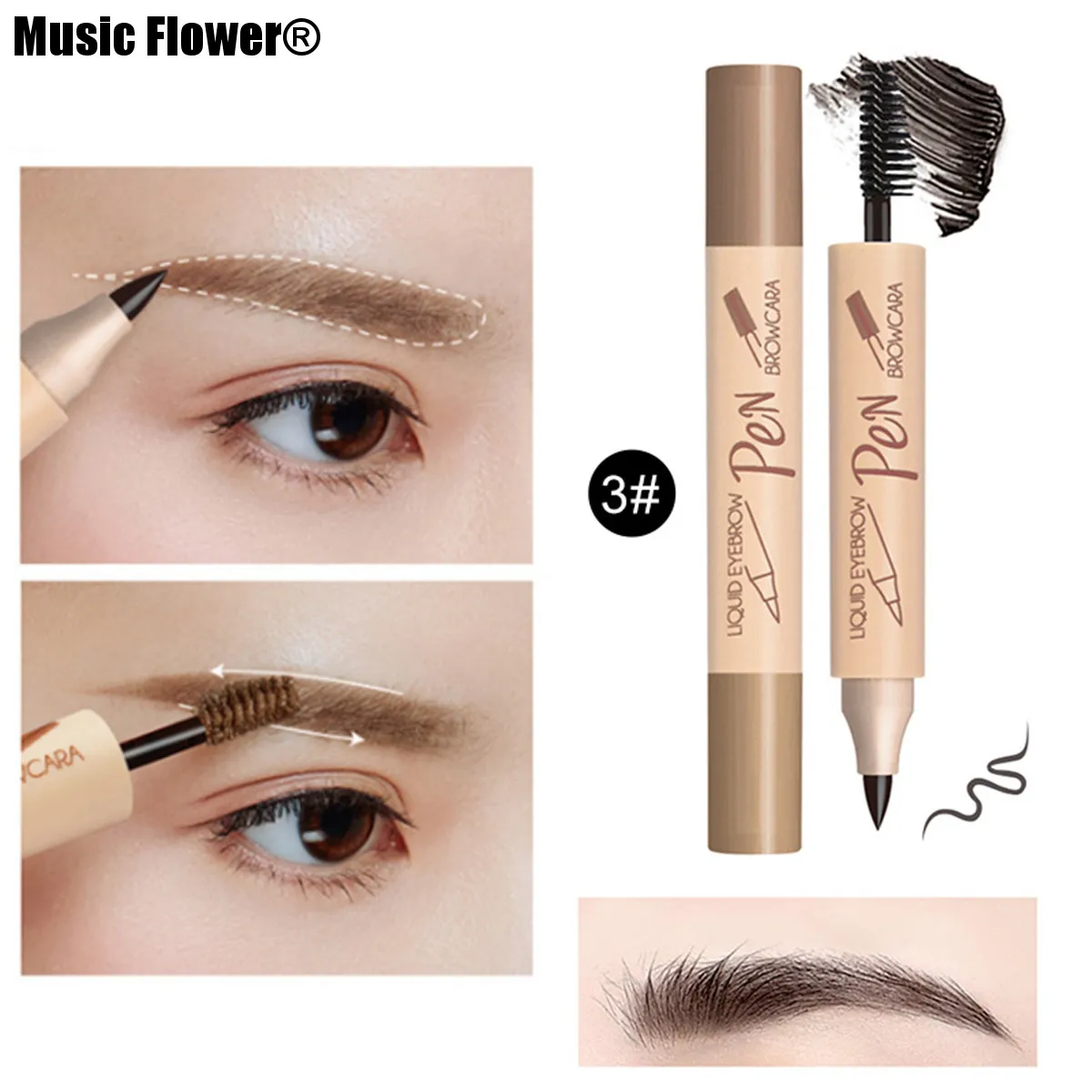 Music Flower 2 в 1 Водостойкий карандаш для бровей+ набор пудры для бровей 24H стойкий Макияж Косметика - Цвет: 3