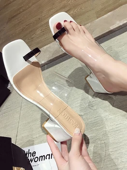

Women's Shoes Slippers Outdoor 2020 Summer New Transparent Colorblock Open Toe Roman Shoes Thick Heels