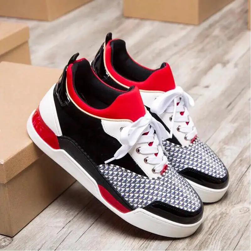 REVIEW TOP SELLER  2019 Name Brand Casual Shoe Man Red Bottom Sneaker Flat New Designer Lace Up High Top Mixed Colors 