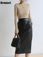 Nerazzurri Spring Midi Pu Leather Skirt Women Brown White Black Long High Waisted Pencil Skirts for Women 2023 Side Slit Zipper - Image 3