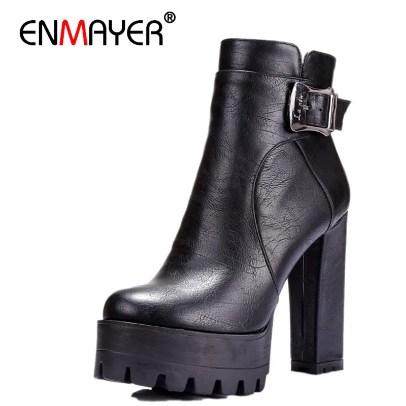 ENMAYER Women Boots Punk Buckle Round Toe High Square Heel Ankle for Platform Big Size 34 42|high boots|ankle boots womenheeled ankle |