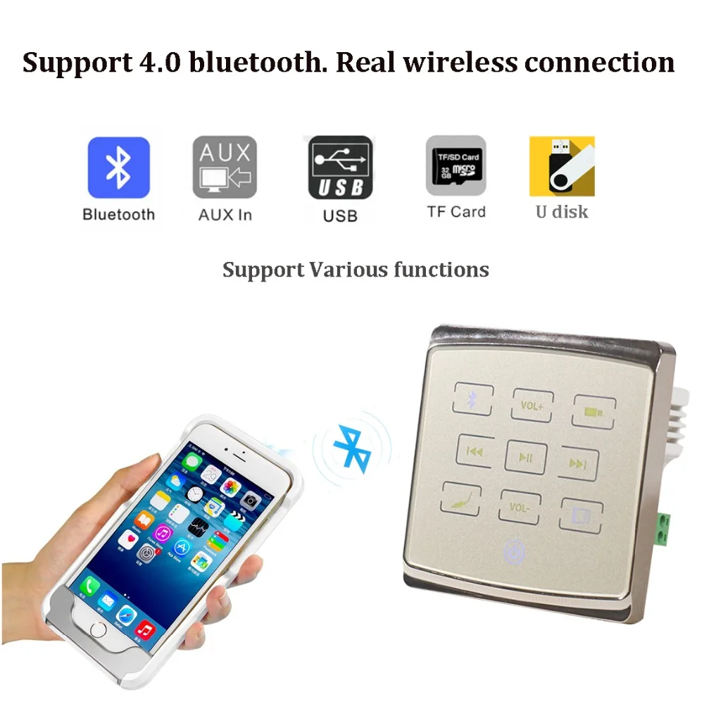 Умный дом аудио bluetooth музыкальная система 2x25 Вт беспроводной настенный усилитель с сенсорным ключом и 2 настенными динамиками, поддержка USB, TF