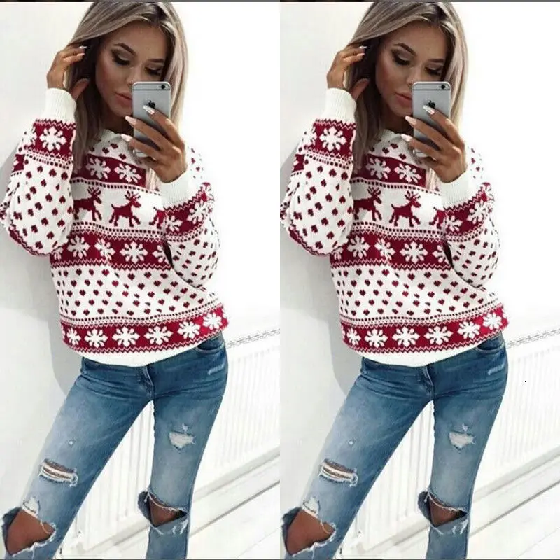 Women Christmas Sweater Fashion Reindeer Printed Slim Jumper Sweaters Casual Long Sleeve O-Neck Pullovers X-mas Gifts - Цвет: red