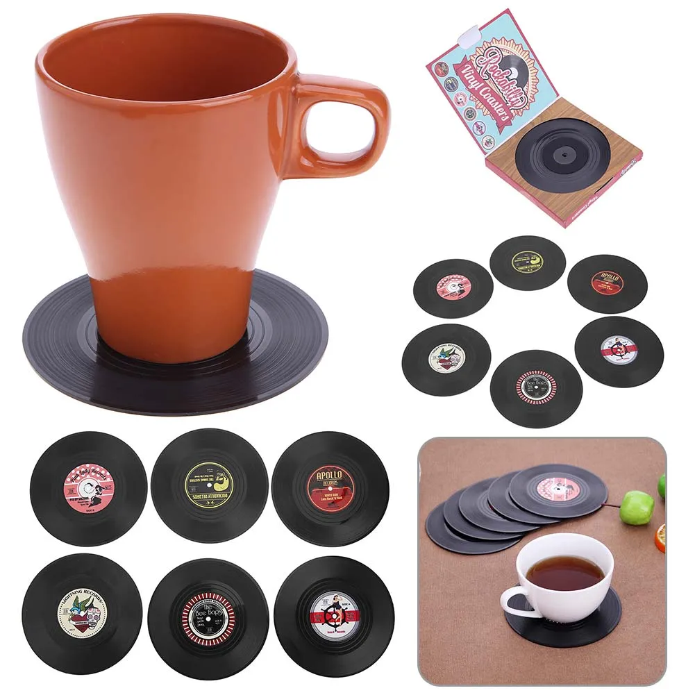 6pcs Anti-slip Retro Cup Mat Vinyl Record Coasters Music Drink Holder Mug Table Placemat Heat-resistant Non Slip ROCKABILLY