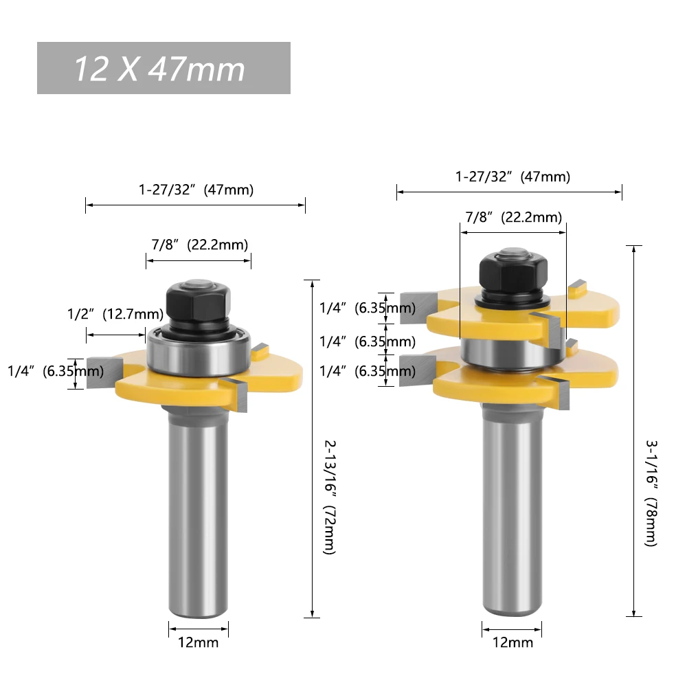 2 stücke 12 MM 1/2 Schaft Zunge & Nut Joint Montieren Router Bits 3/4 "lager T-Slot Zapfen fräser für Holz Holzbearbeitung 03033 – Detail 2