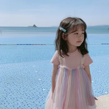 

summer sweet girl's dresses o-neck short sleeve rainbow mesh dress mid-length one-pieces children's clothing
