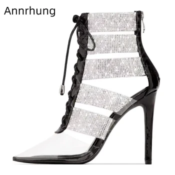 

Drill Rhinestone Cut Outs High Shoes Woman Sexy Pointed Toe Transparent PVC Cross-tied Thin Heels Runway Pumps Women