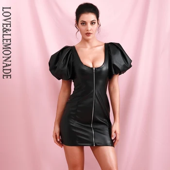 

LOVE&LEMONADE Sexy Black Round Neck Open Zipper Large Bubble Sleeve Elastic PU Bodycon Party Mini Dress LM82233