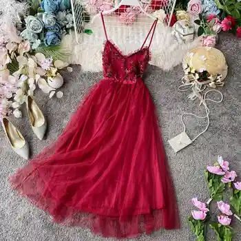 

2020 summer new women's V-neck Sequins Stitching Mesh Backless Sleeveless sling A-line Dresses female strap elegant dresses