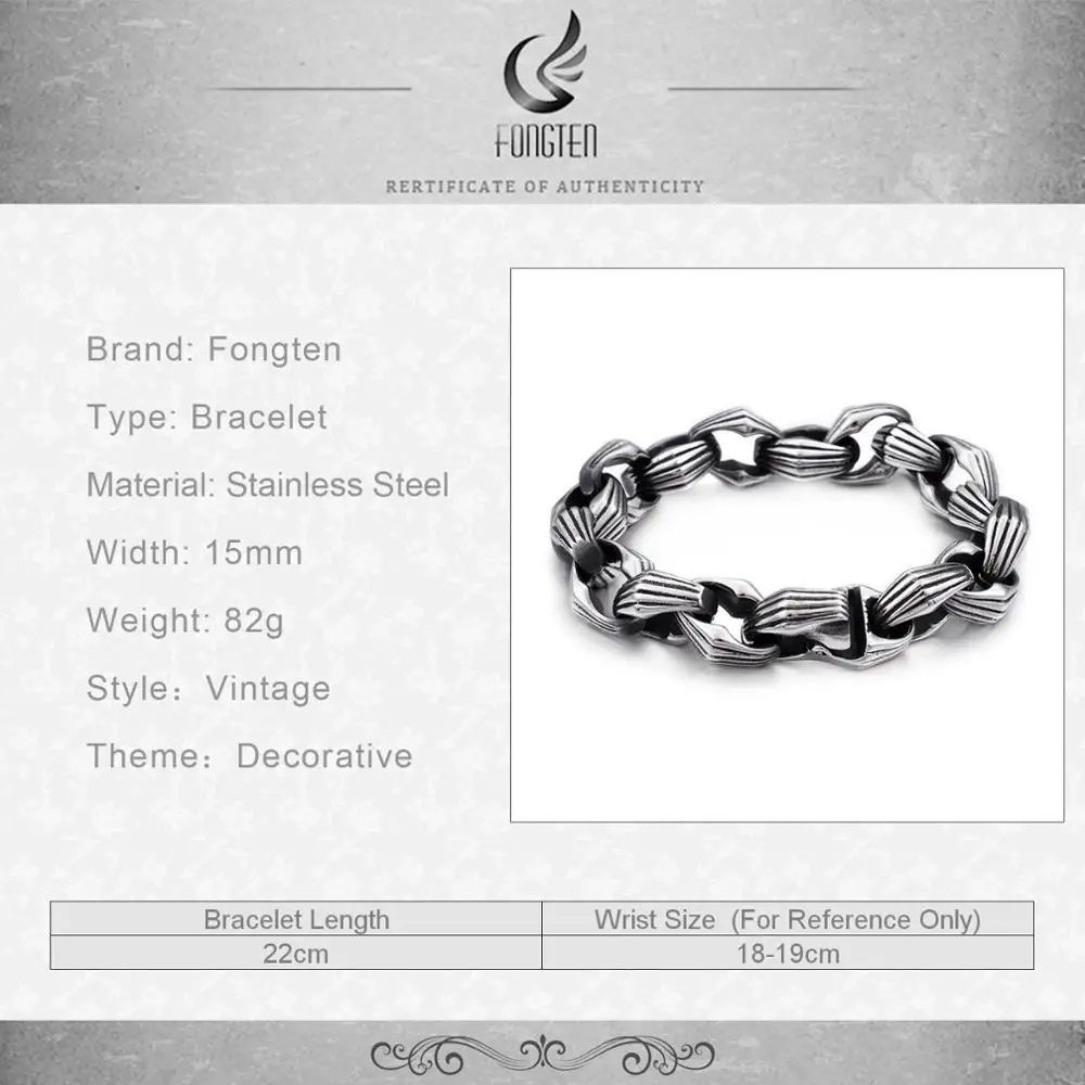 Fongten Vintage Stainless Steel Beaded Bracelet Men Punk Charm Chain Bracelets For Mens Jewelry