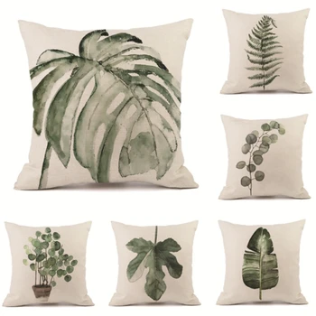 

Tropical Plant Printing Linen Cotton Pillowcase Fern Green Leaves Cushion Cover Sofa Pillow Case Home Decorative Pillow Cover