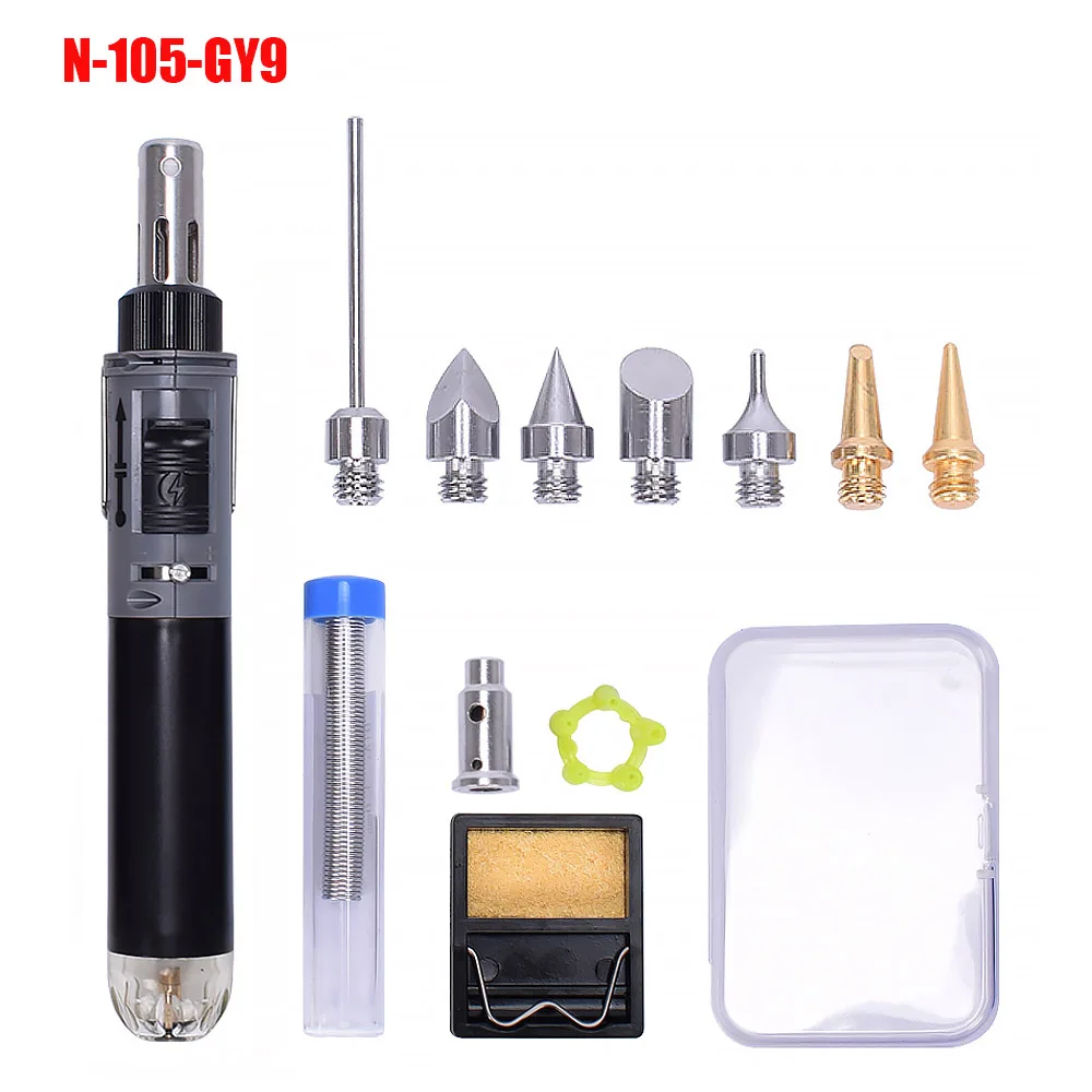 N-105-GY9 Toolour мини Газовый паяльник Комплект беспроводные Self-зажигания сварочный пистолет фонарь Ремонт паяльная станция наконечник пирография деревянная инструмент - Цвет: N-105-GY9
