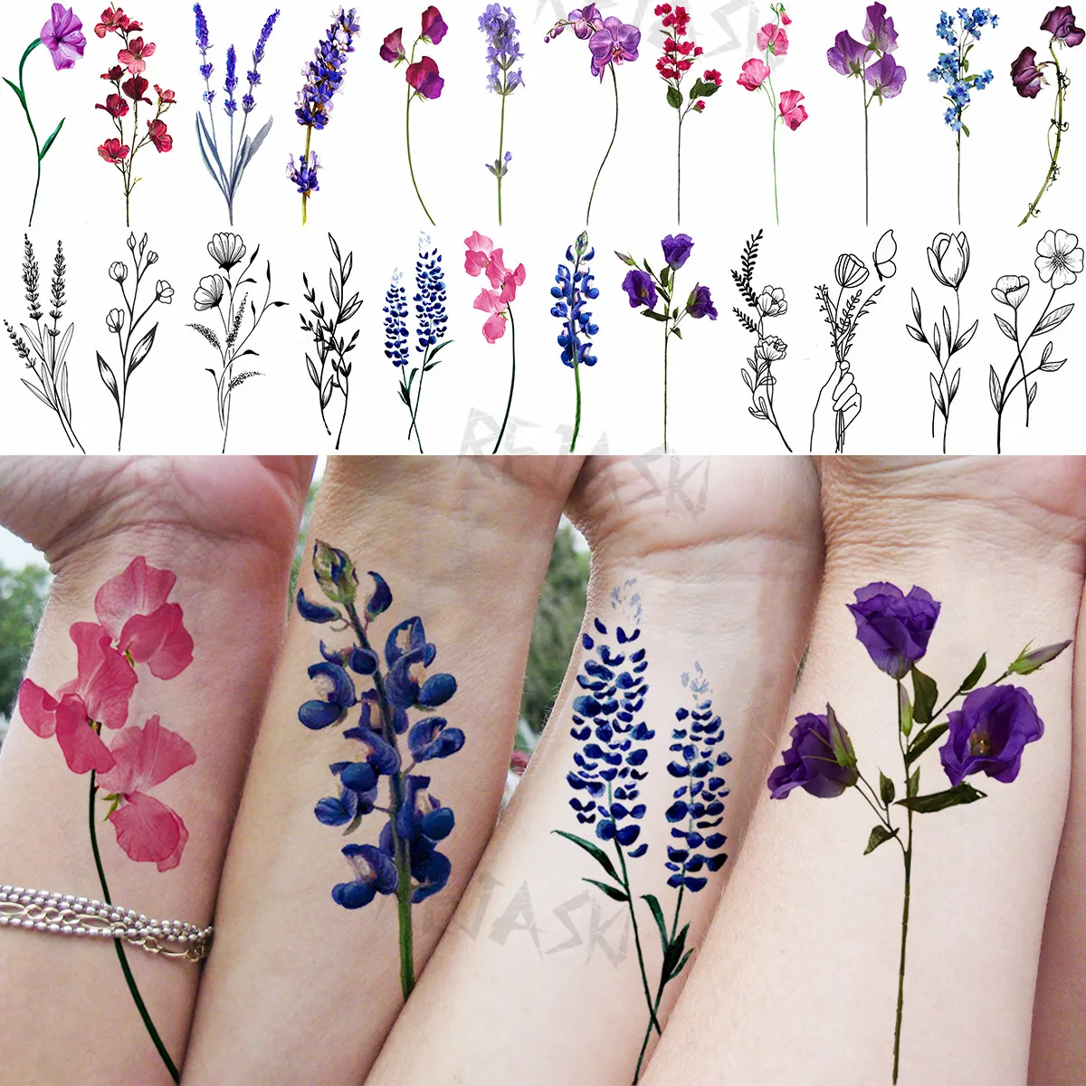 Tatuaggi temporanei del fiore della lavanda dellacquerello per le donne  foglia adulta giglio tulipano moda impermeabile Body Art pittura tatuaggi  decalcomania - AliExpress