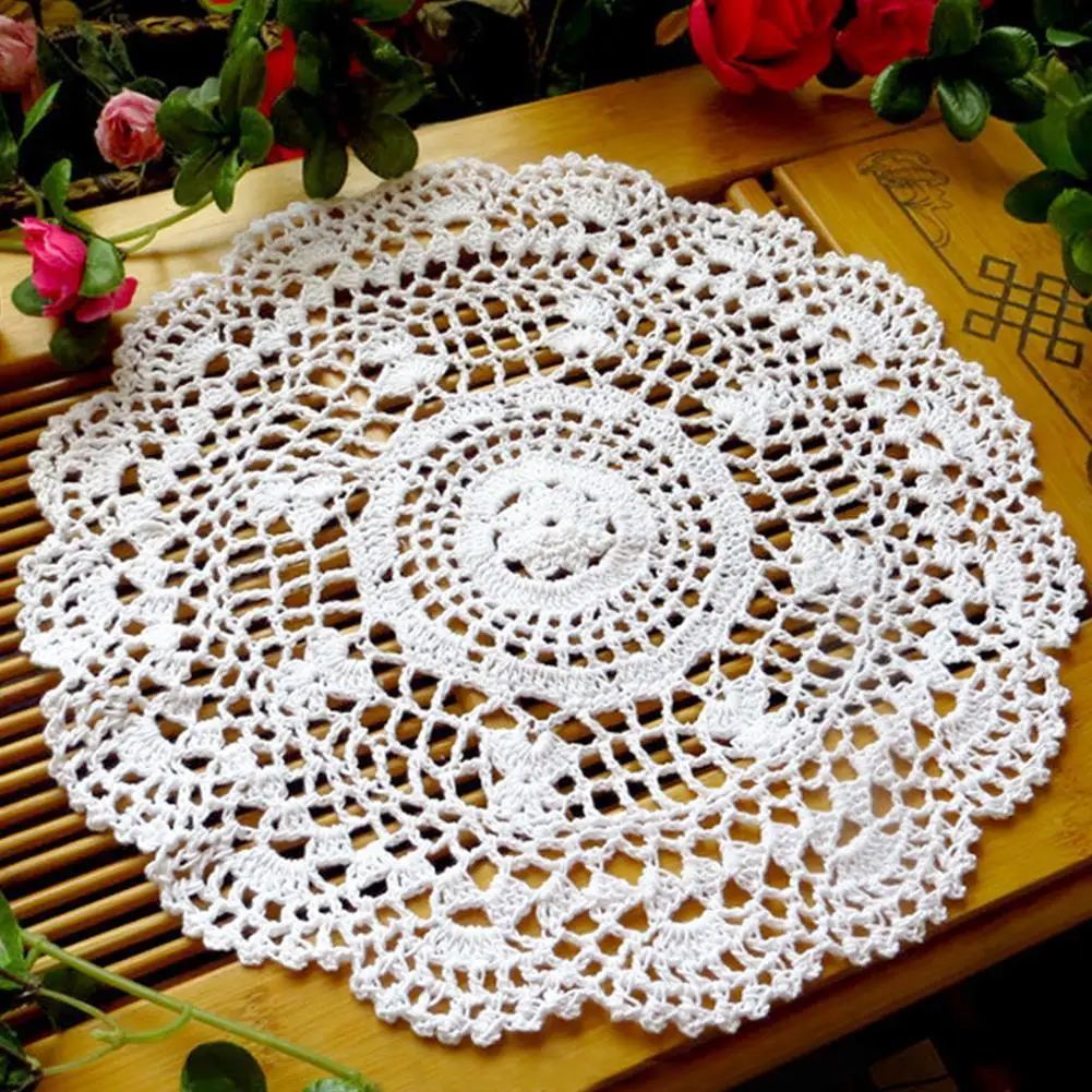 Vintage Fresh Water Lotus Pure Cotton Lace Handmade Hollow Flower Placemat Hand Crocheted Lace Doilies Round Table Coaster