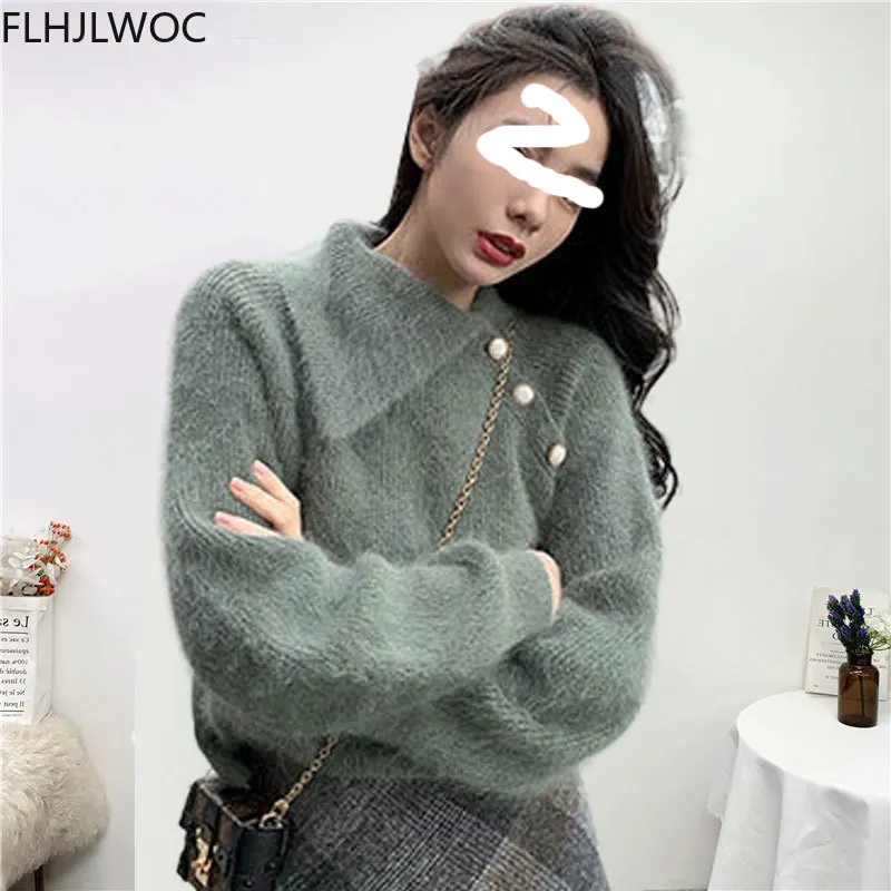 Retro Vintage Knitted Jumper Sweater Chic Korea Japan Style Girl Preppy Design Button Turtleneck Tops Pullovers 2021 Fall Winter | Женская