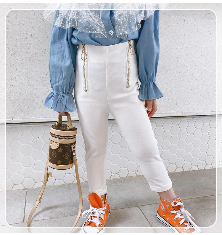  Spring girls jeans baby trousers kids denim pants children bottoms streetwear double zipper elastic