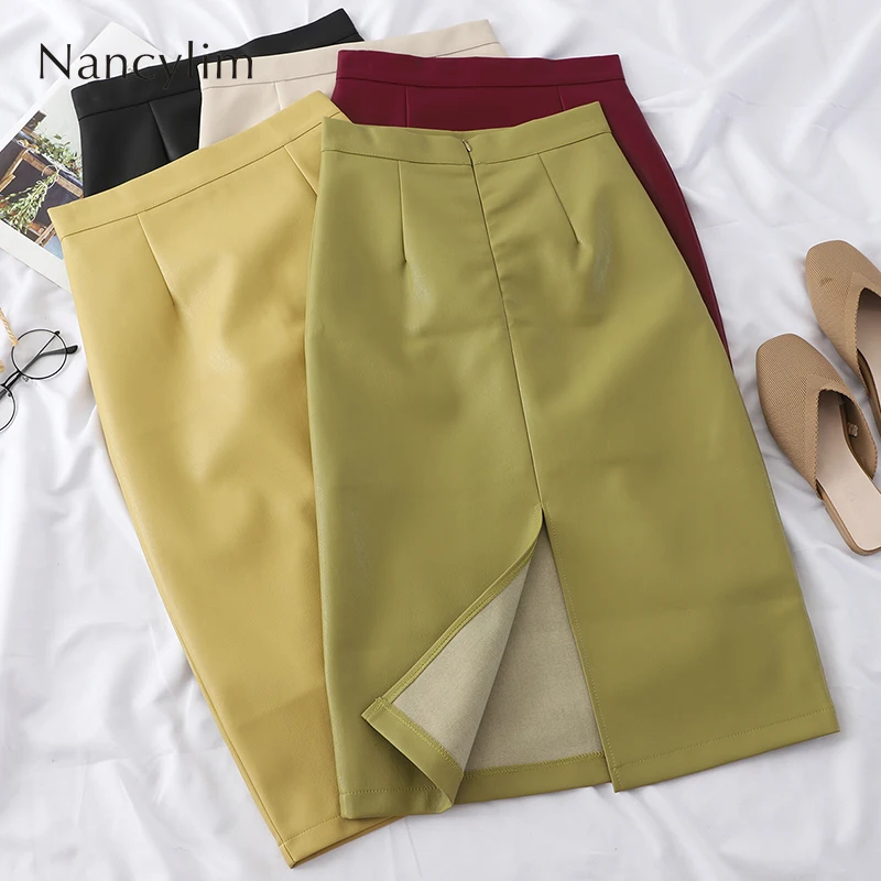 

2019 Women PU Leather Midi Skirt Autumn Winter Ladies Package Hip Front or Back Slit Pencil Skirt One-step Skirt Temperament