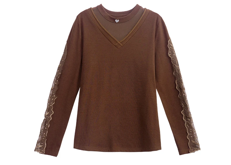 Женская футболка, Корейская новинка, Осень-зима, модный лоскутный кружевной топ с круглым вырезом и длинным рукавом, тонкий офисный женский плотный внутренний топ
