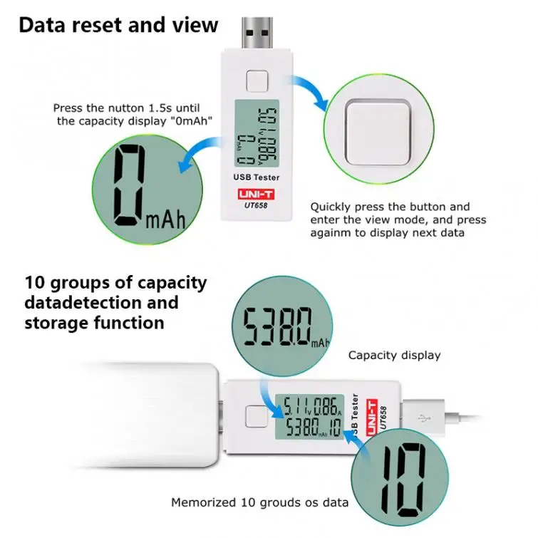 UT658 9V 3A Портативный USB цифровой монитор напряжения измеритель тока тестер емкости с ЖК-дисплеем и подсветкой