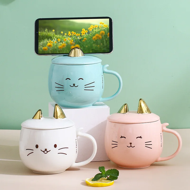 Cat Mug Mobile Phone Holder Mugs With Lid And Spoon Creative Couple