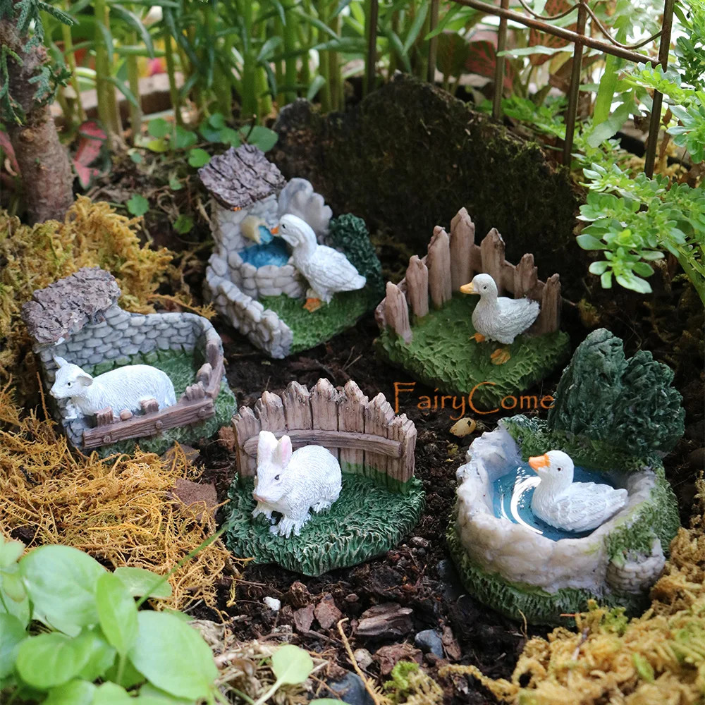 Fairy Garden Miniature Farm Animals Figurines Resin Rabbit Ducks Sheep In Fence Miniature Garden
