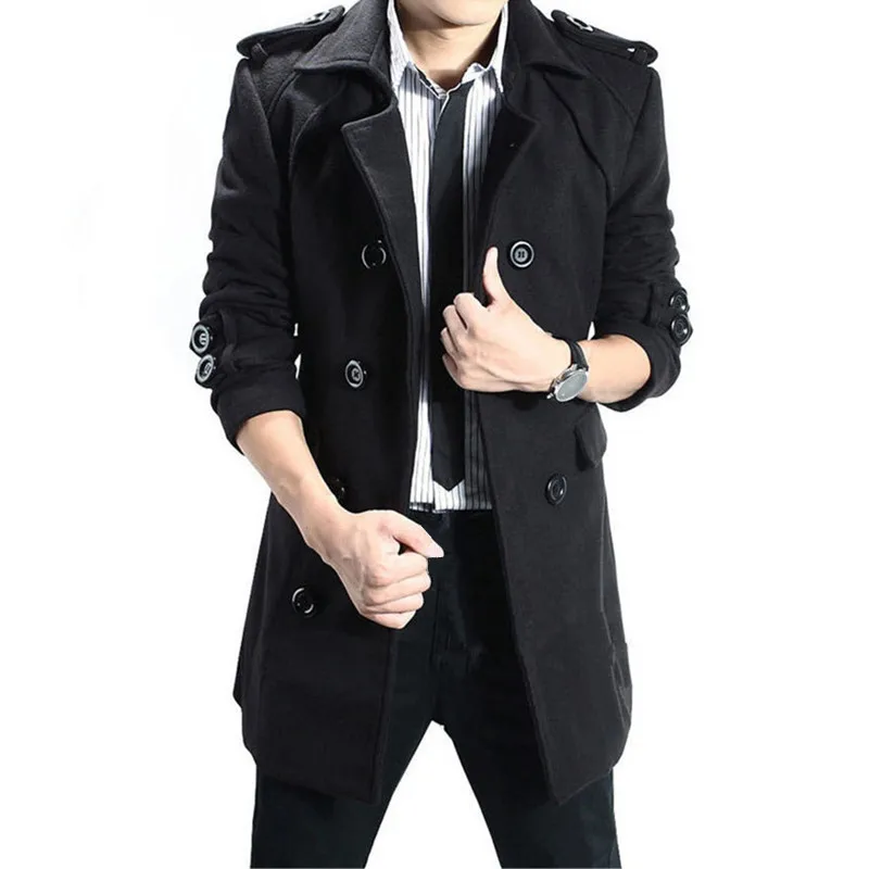 

Trench coat Men's Winter Long Double Breasted Wool Thick Solid Color Warm Slim Stand Collar High Quality Urban Wool Blend Coat