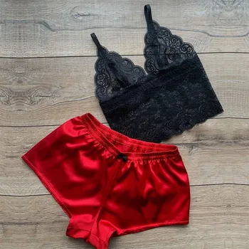 

Sexy lingerie pajamas for women kigurumi home clothes nightie Satin Lace V-Neck Camisole Bowknot Shorts Set Sleepwear h5