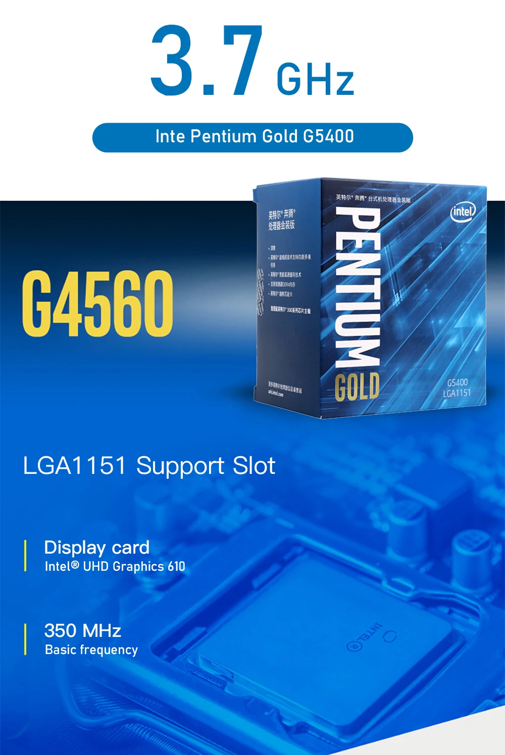 Intel Pentium Gold G5400 настольный процессор 2 ядра 3,7 ГГц LGA1151 300 серия 54 Вт/58 Вт BX80684G5400