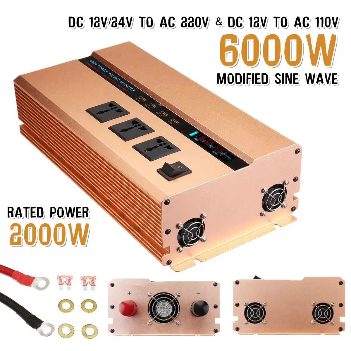 

Solar Inverter 12V 220V 6000W Pe ak Voltage Converter Transformer DC 12V/24V To AC 220V Modified Sine Wave Power Inverter