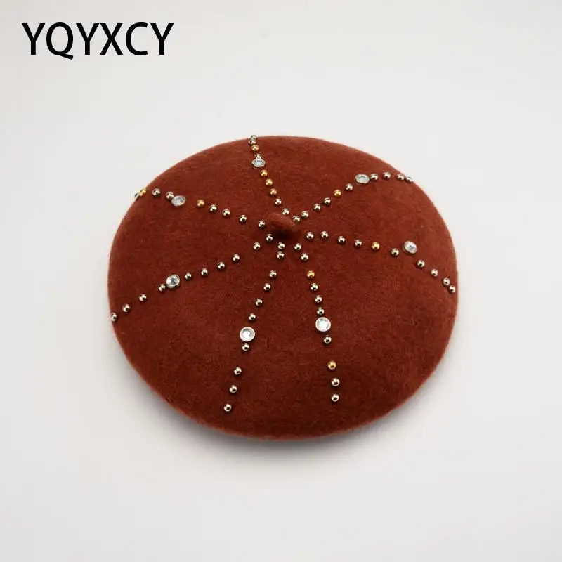 

YQYXCY Hat Women Winter Wool Beret Autumn Winter Woolen Elegant Full Rhinestone Warm Womens Hats Beret Cap Gorras Ladies Hat
