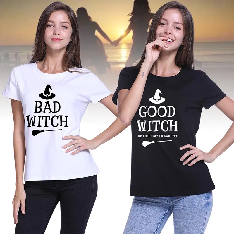 Лучшие футболки «Друзья» BAD WITCH GOOD WITCH, топ с буквенным принтом, футболка Femme, повседневные женские лучшие друзья, топы на Хэллоуин, футболки