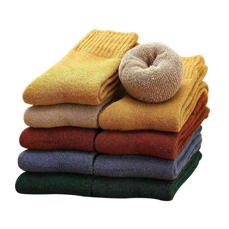 5 пара/лот зимние носки Для женщин шерстяные толстые носки; теплые хлопчатобумажные носки с полосками для девочек мода высокое качество твердое Повседневное платье, носки