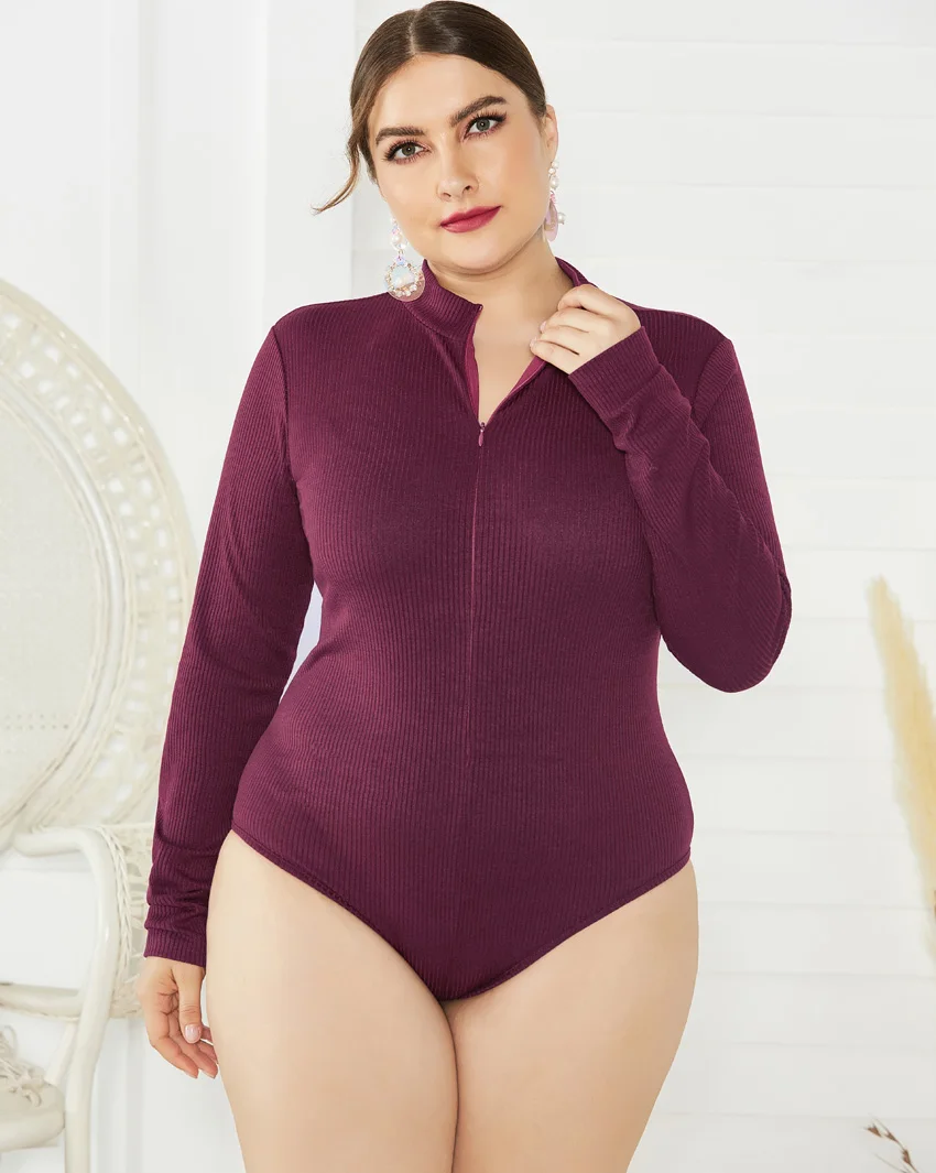 Jessie Vinson Long Sleeve Crew Neck Zipper Knitted Bodysuit Jumpsuit Women Plus Size Rib Bodysuit Autumn Winter Skinny Rompers leather bodysuit