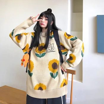 

Korean Oversized Sweaters Women Winter Long Sleeve Pullovers Floral Jacquard Ladies O-Neck Tops Woman Harajuku loose Clothes