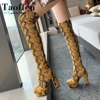 

TAOFFEN 2020 Platform Fashion Snakeskin Winter Women Shoes Square High Heel Round Toe Casual Over The Knee Boots Size 34-43