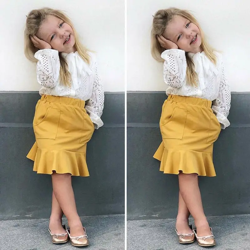 Emmababy, новая осенняя одежда для маленьких девочек белые топы с длинными рукавами и кружевным галстуком-бабочкой+ юбка, комплект одежды
